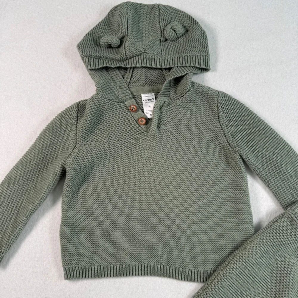 Carters  12M Green Knit Hoodie and Pants Set Bear Ears 2pc